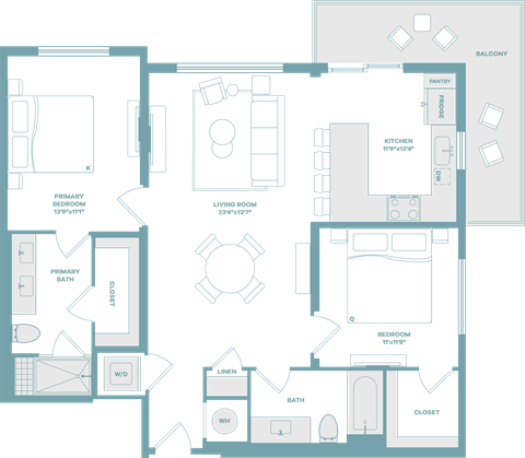 Floor plan for 2 beds, 2 baths, 1204 sqft